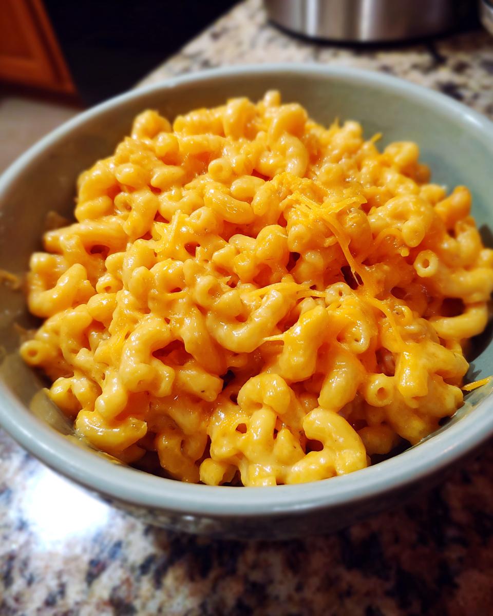 A close-up of a bowl filled with creamy 3 ingredient stovetop mac and cheese, topped with shredded cheese.