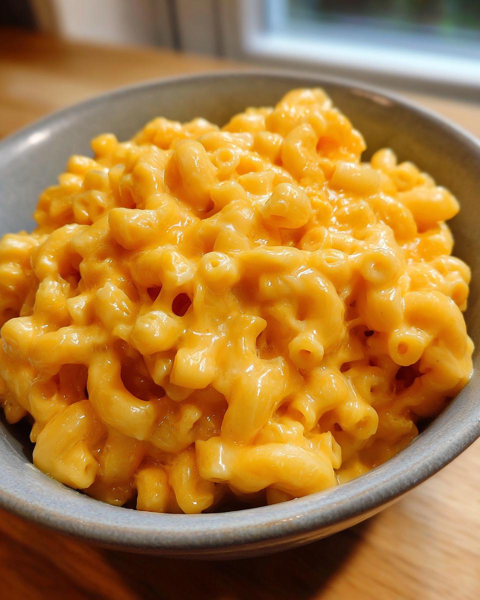 A close-up of a bowl filled with creamy 3 ingredient stovetop mac and cheese, showing the cheesy sauce coating the pasta.