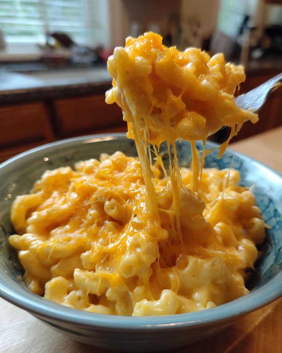 A fork lifts a cheesy portion of 3 ingredient stovetop mac and cheese, showcasing a satisfying cheese pull.