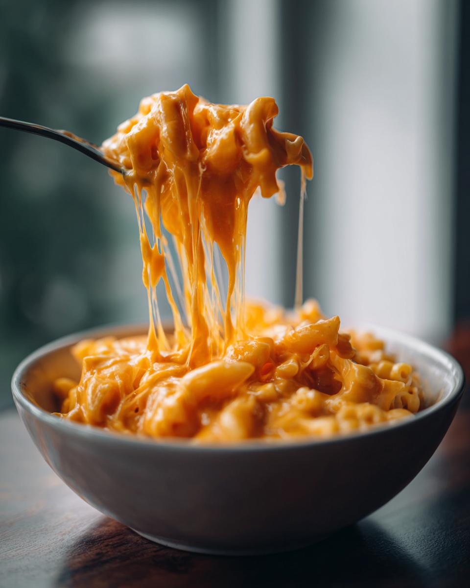 A fork lifting a cheesy portion of 3 ingredient stovetop mac and cheese from a bowl, showing a satisfying cheese pull.