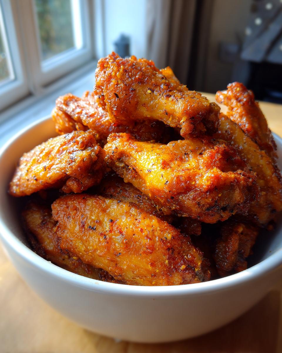 A bowl filled with golden-brown, crispy air fryer chicken wings seasoned with spices.