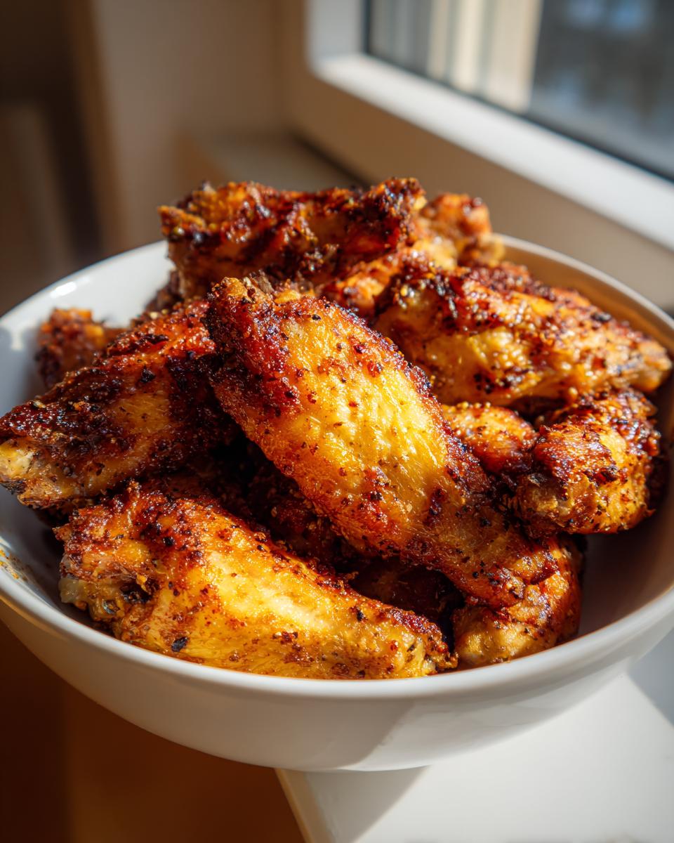 A close-up of a white bowl filled with golden-brown, crispy air fryer chicken wings.