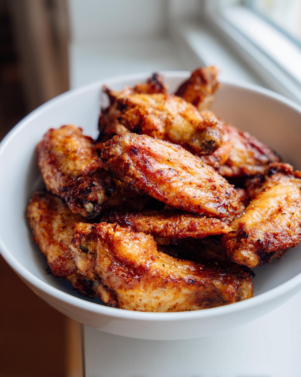 A white bowl filled with golden-brown, crispy air fryer chicken wings, seasoned and ready to eat.