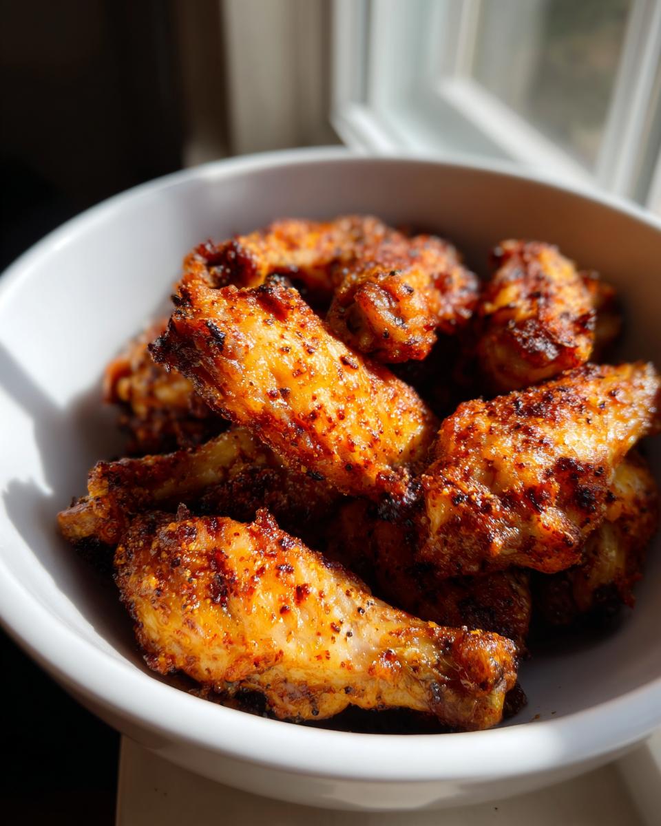 A white bowl filled with golden brown, crispy air fryer chicken wings seasoned with spices.
