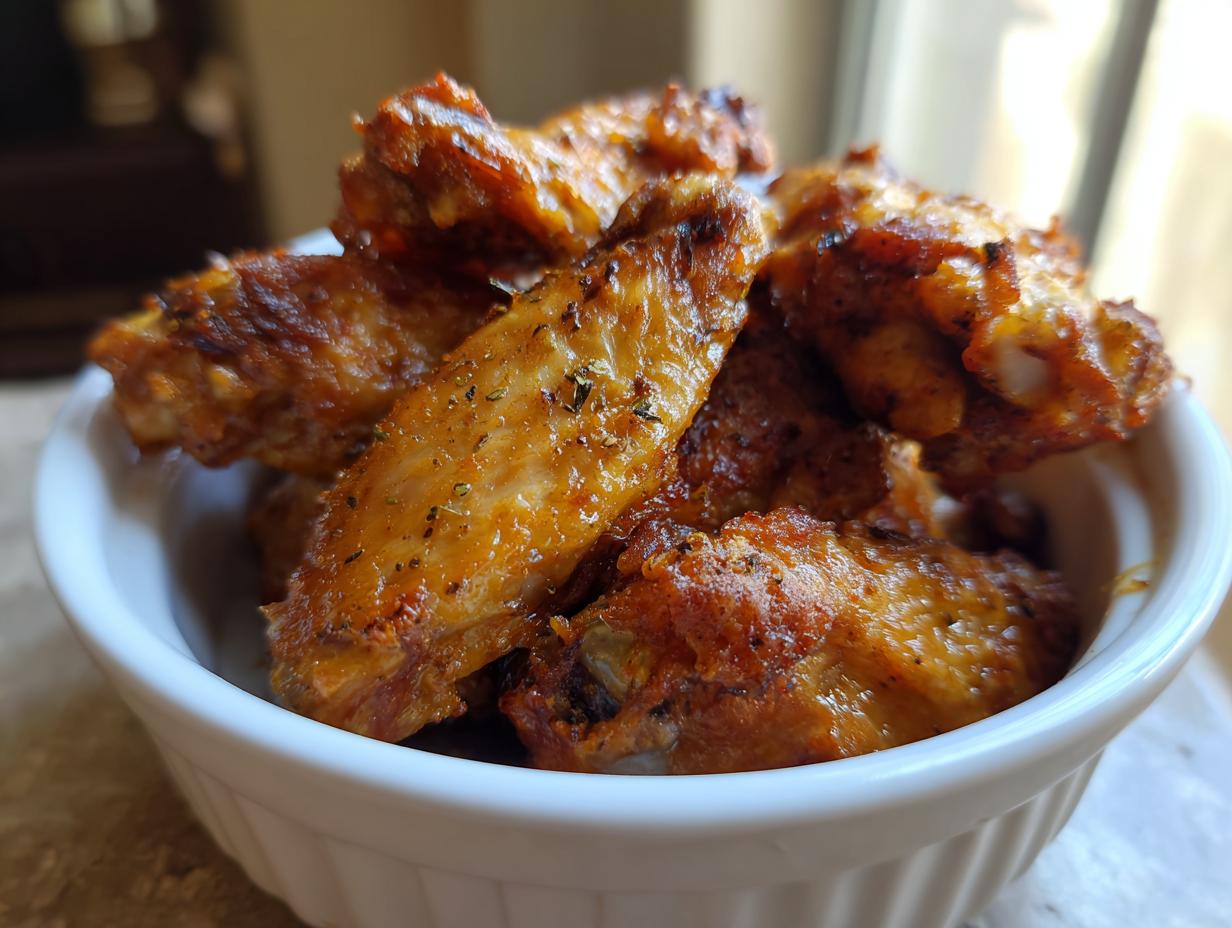 A close-up shot of a white bowl filled with delicious, crispy Air Fryer Chicken Wings, seasoned with herbs.