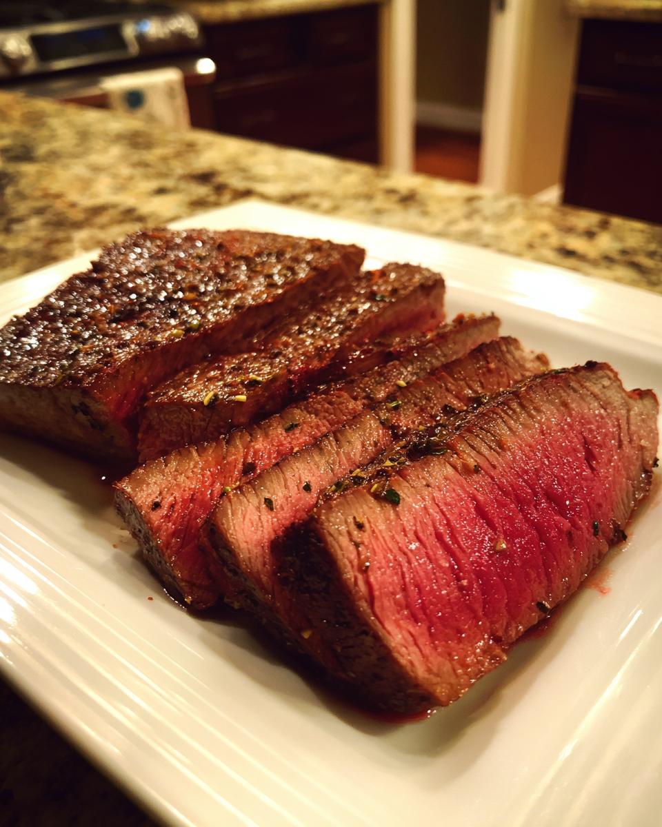 Close-up of perfectly cooked Alton Brown London broil, sliced and served on a white platter, showcasing a vibrant pink interior.