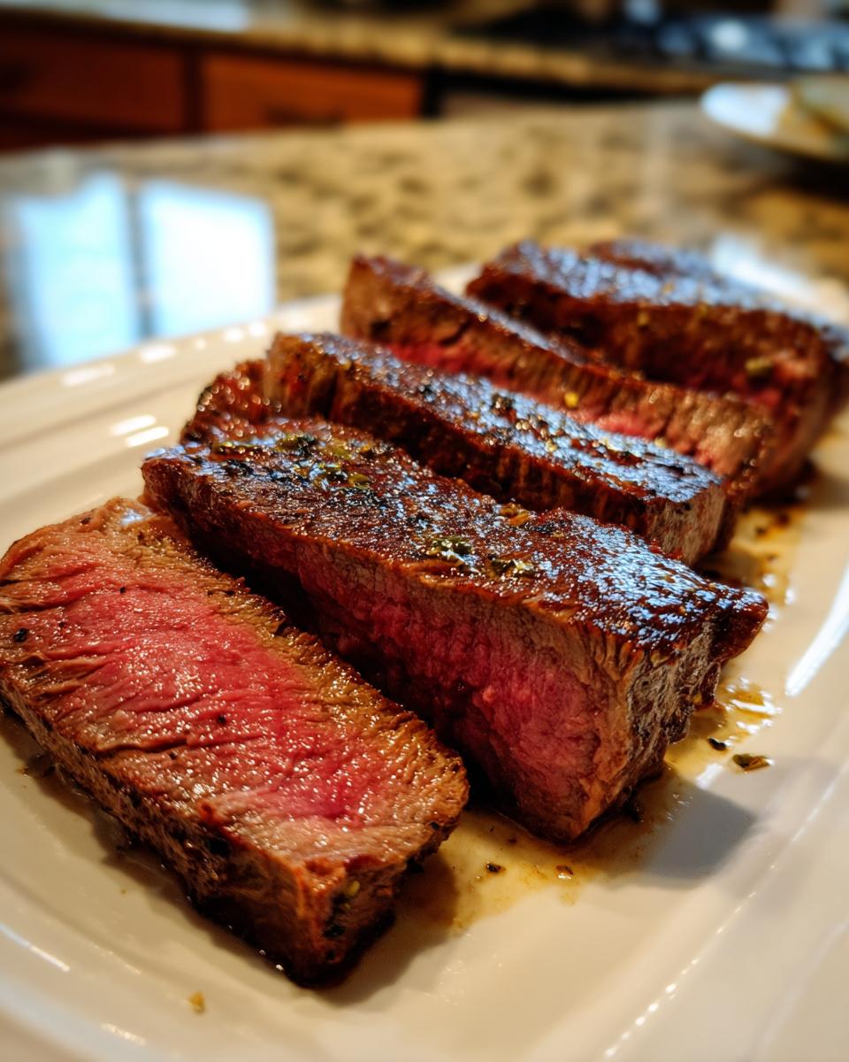 Close-up of perfectly cooked Alton Brown London broil, sliced and showing a juicy pink interior.