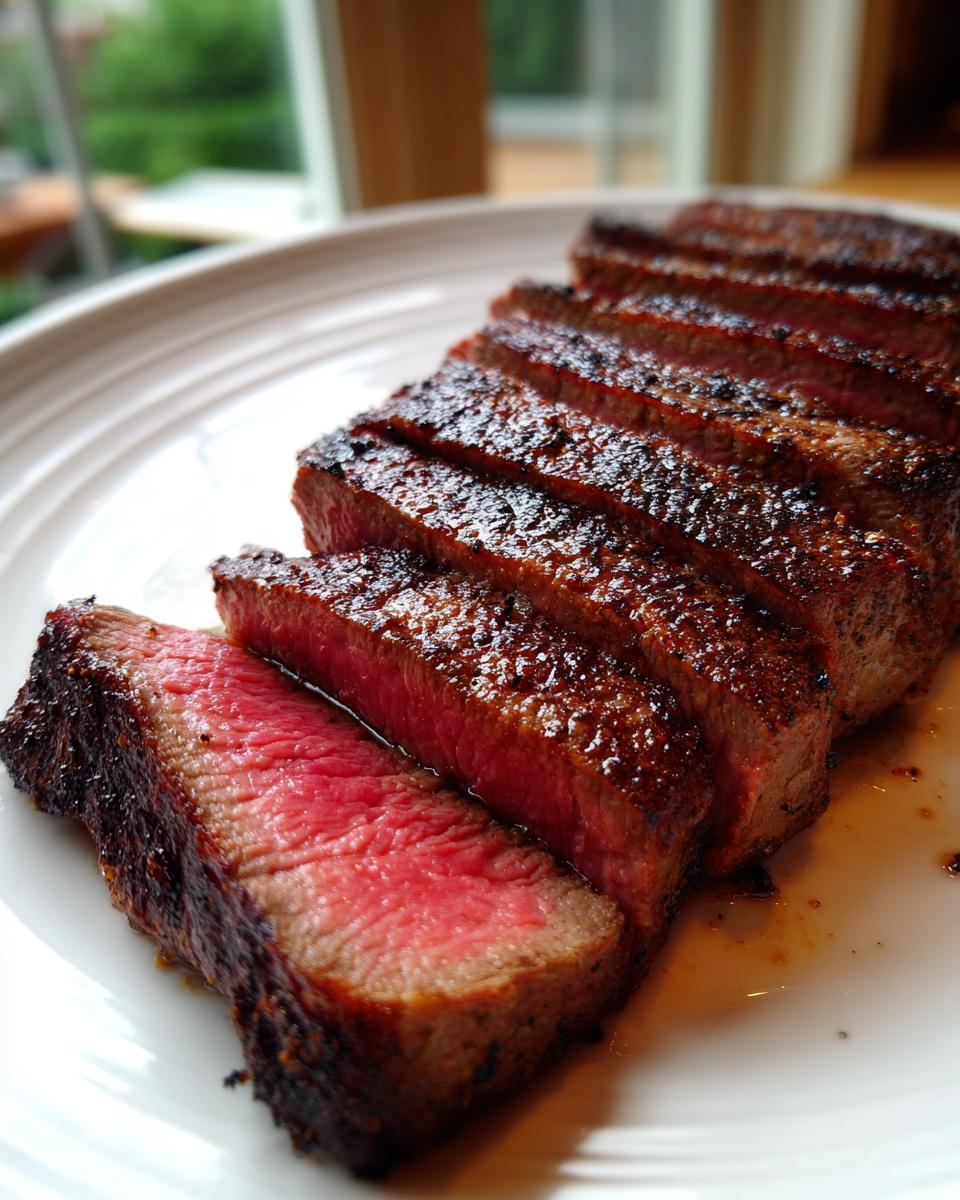 Close-up of perfectly cooked Alton Brown London broil, sliced to reveal a vibrant pink interior and a dark, flavorful crust.