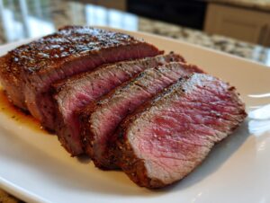 Close-up of perfectly cooked Alton Brown London broil, sliced to reveal a tender, pink interior and a seasoned crust.