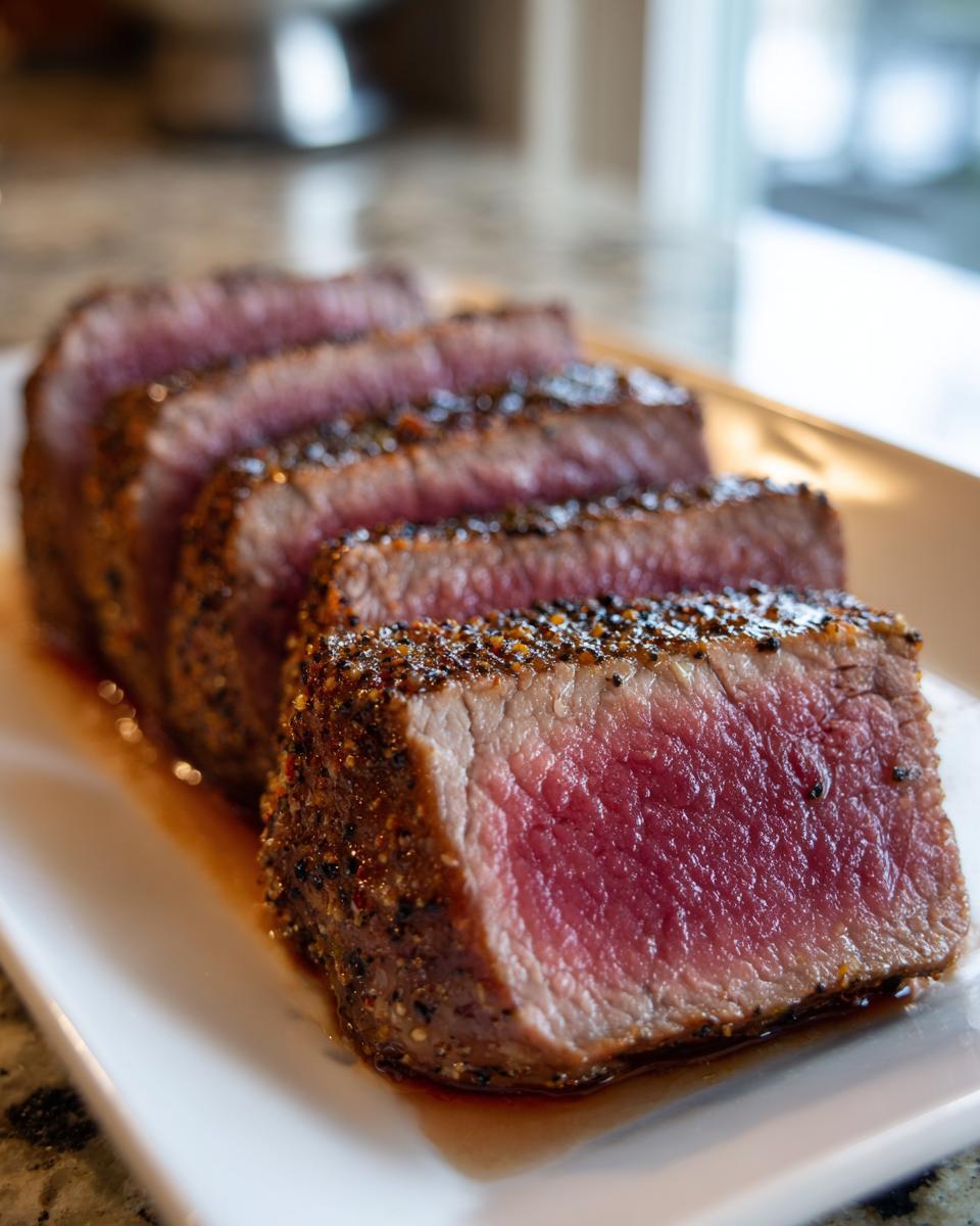 Close-up of perfectly cooked Alton Brown London broil, sliced and showing a vibrant pink interior.