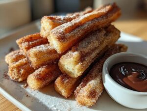 A pile of freshly made churros, coated in cinnamon sugar, served with a side of rich chocolate dipping sauce.