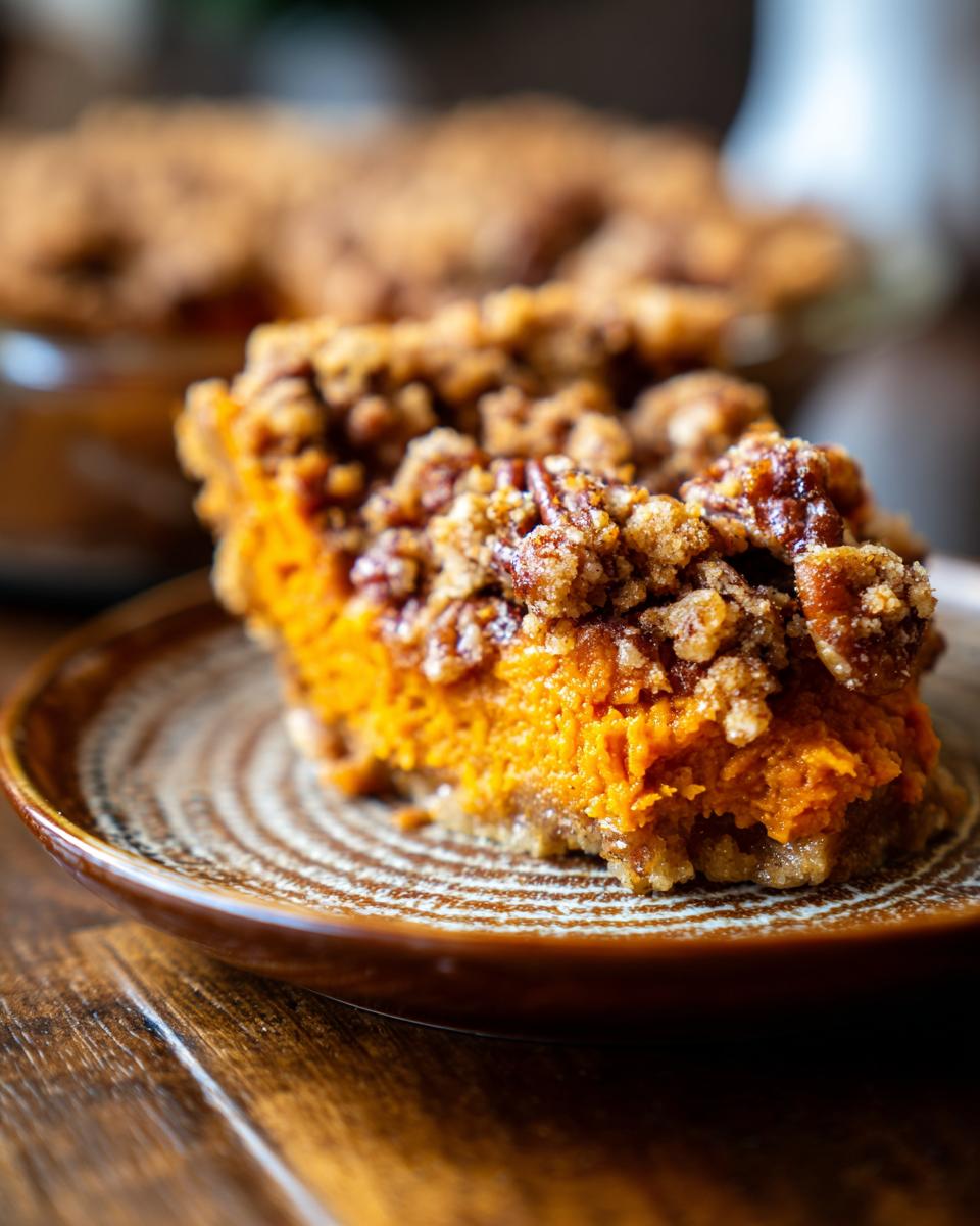 A close-up of a delicious slice of sweet potato casserole with a crunchy pecan topping on a brown plate.