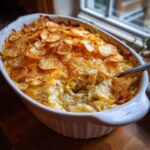 A golden-brown Tuna Casserole in a white baking dish, topped with crispy potato chips and melted cheese.