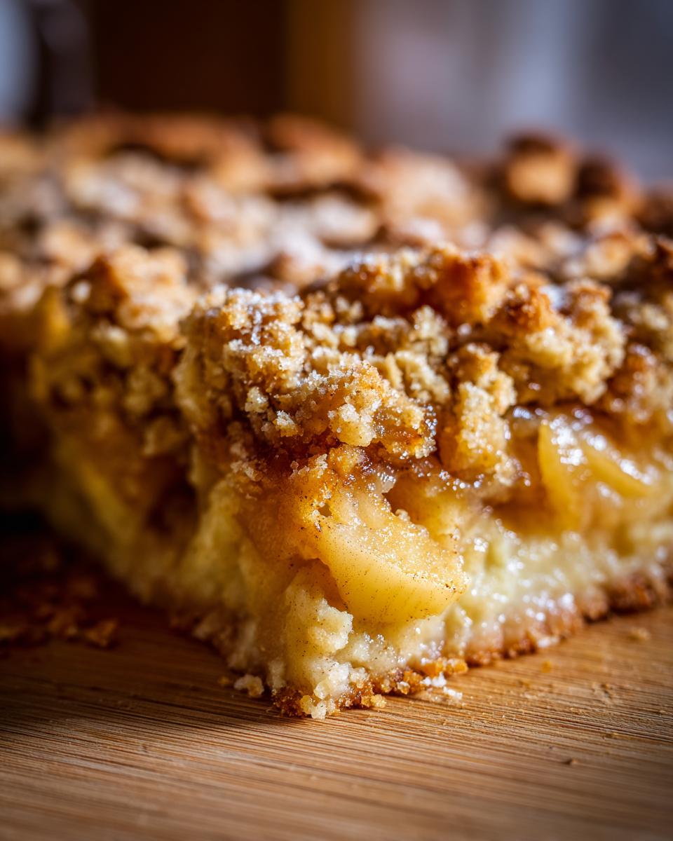 A close-up view of a slice of apple crumble, showcasing the tender apple filling and golden-brown crumble topping.
