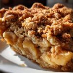 A close-up of a thick slice of apple crumble on a white plate, showing tender apples and a golden, crumbly topping.