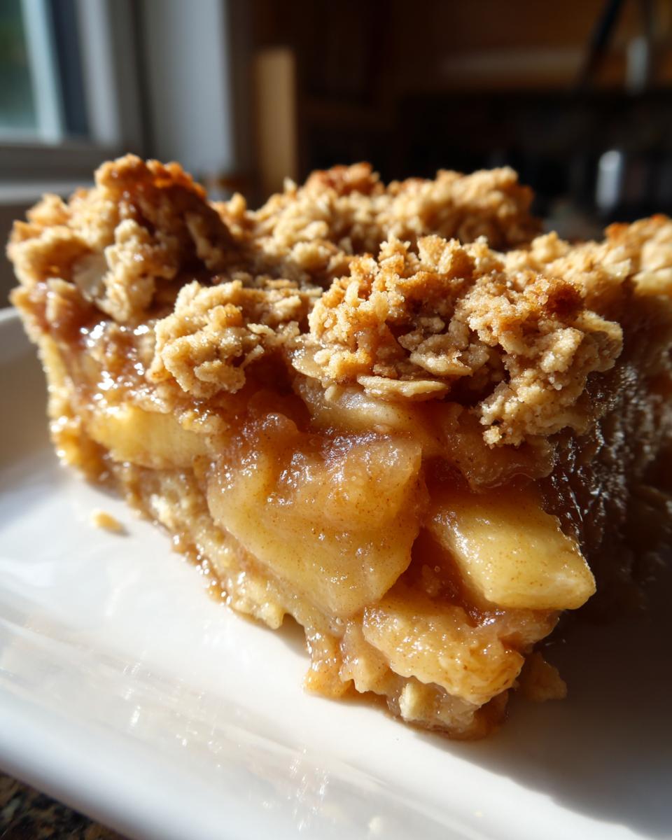 Close-up of a slice of warm apple crumble on a white plate, showing tender apple filling and a golden, crumbly topping.