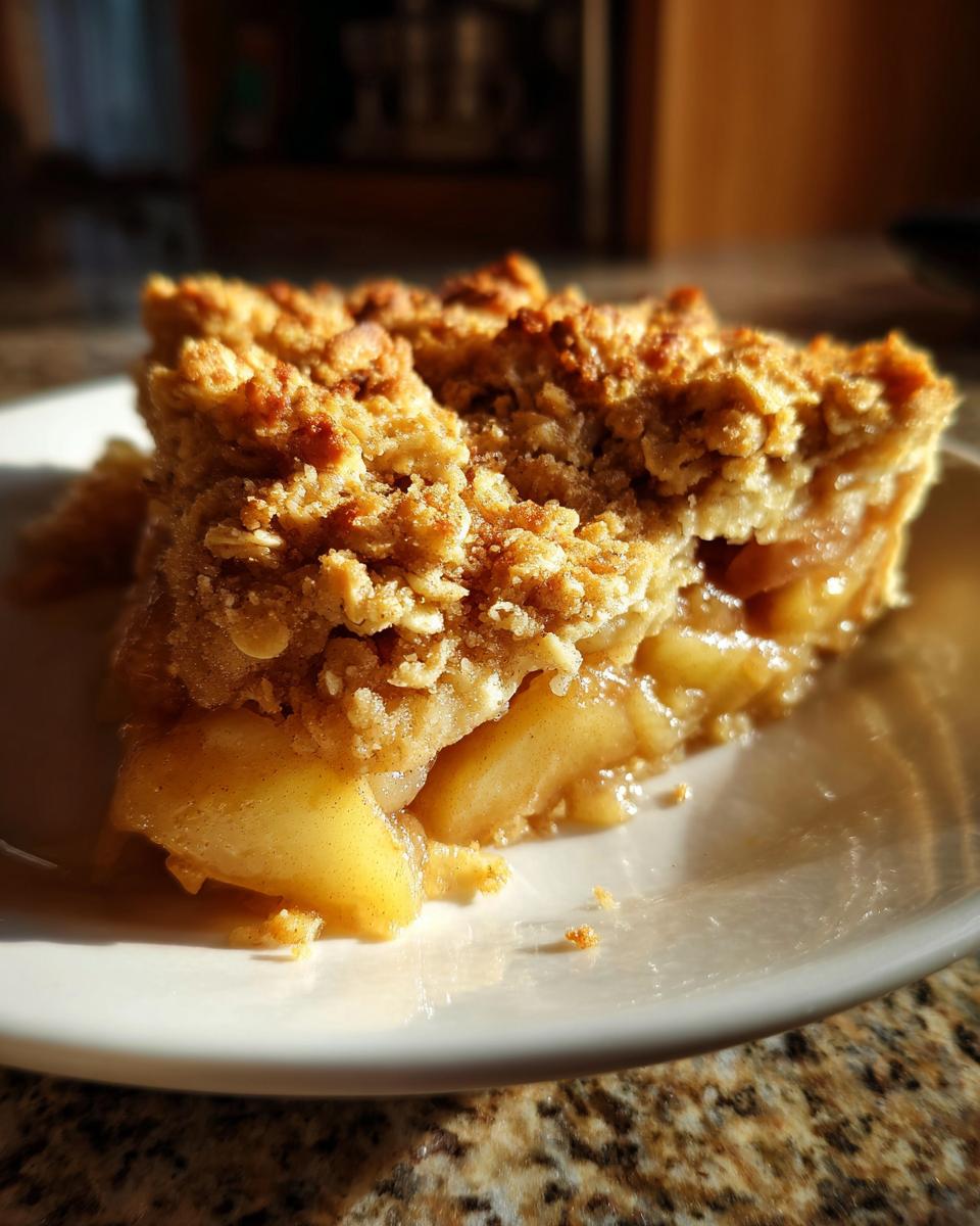 A close-up of a delicious slice of apple crumble on a white plate, showcasing the tender apple filling and golden crumble topping.