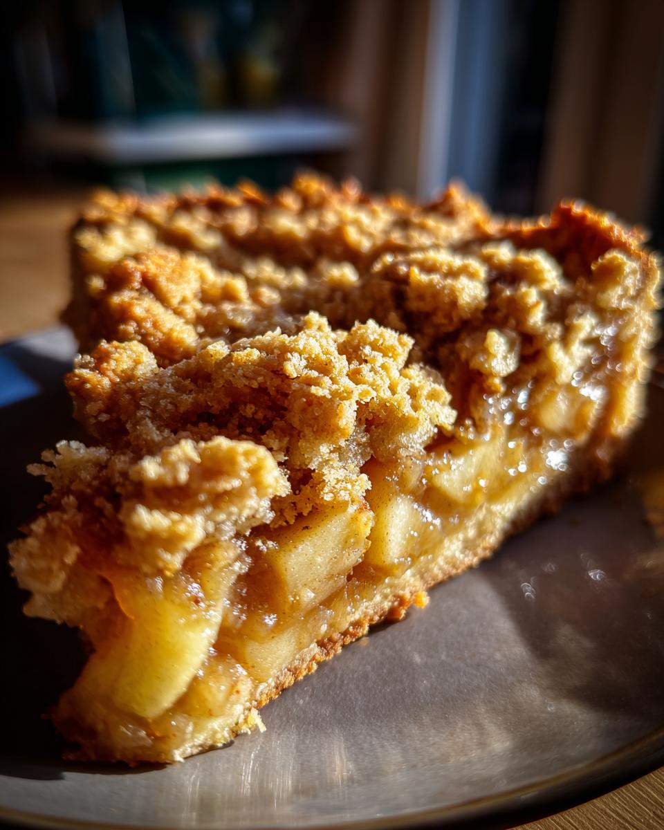 Close-up of a generous slice of apple crumble, showcasing tender apple filling and a golden, crumbly topping.