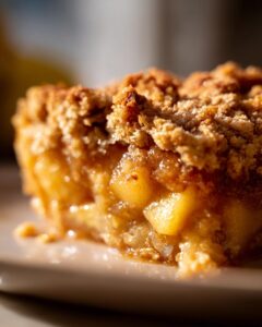 Close-up of a warm slice of apple crumble, showing tender baked apples and a golden brown crumble topping.