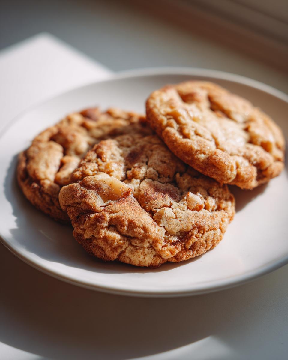 Three freshly baked apple pie cookies dusted with cinnamon sit on a white plate, ready to be enjoyed.