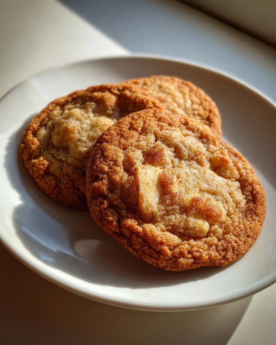Two golden-brown apple pie cookies dusted with cinnamon sugar on a white plate.