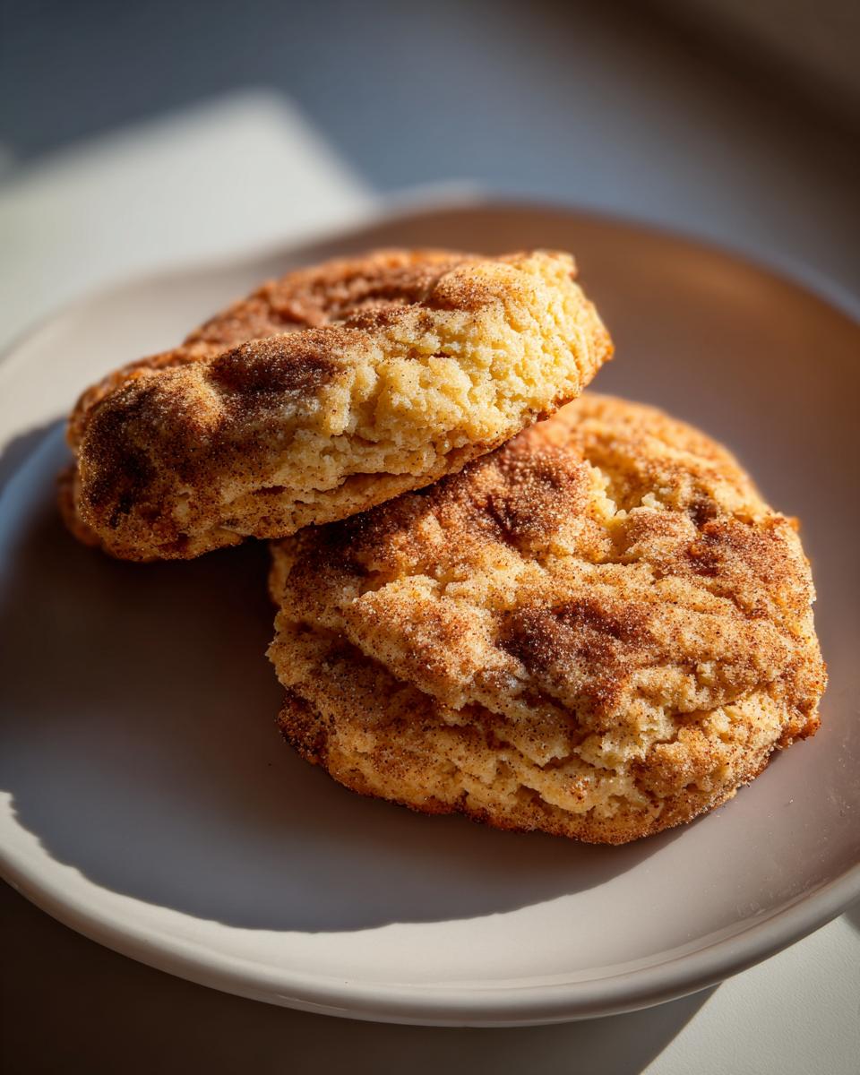 Two freshly baked apple pie cookies coated in cinnamon sugar, stacked on a light gray plate.