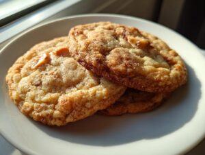 Close-up of two golden brown apple pie cookies dusted with cinnamon sugar on a white plate.
