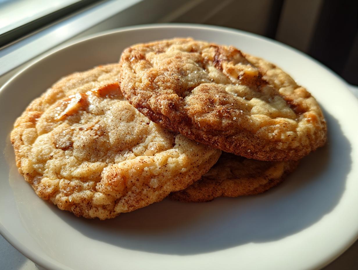 Close-up of two golden brown apple pie cookies dusted with cinnamon sugar on a white plate.