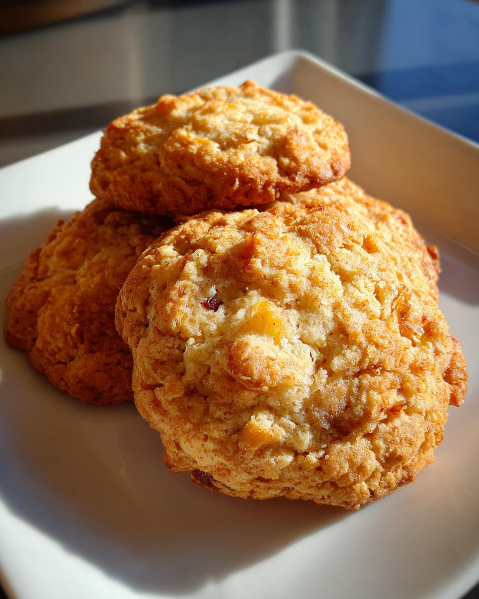 A close-up of three golden-brown apple pie cookies stacked on a white plate, showcasing their textured surface.