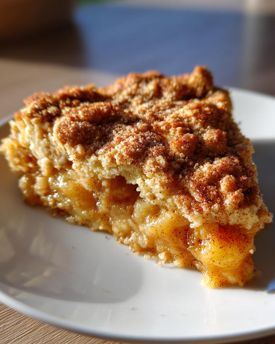 A close-up of a slice of apple pie dump cake on a white plate, showing tender apple filling and a crumbly topping.