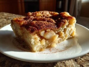 A close-up of a slice of apple pie dump cake on a white plate, dusted with cinnamon.