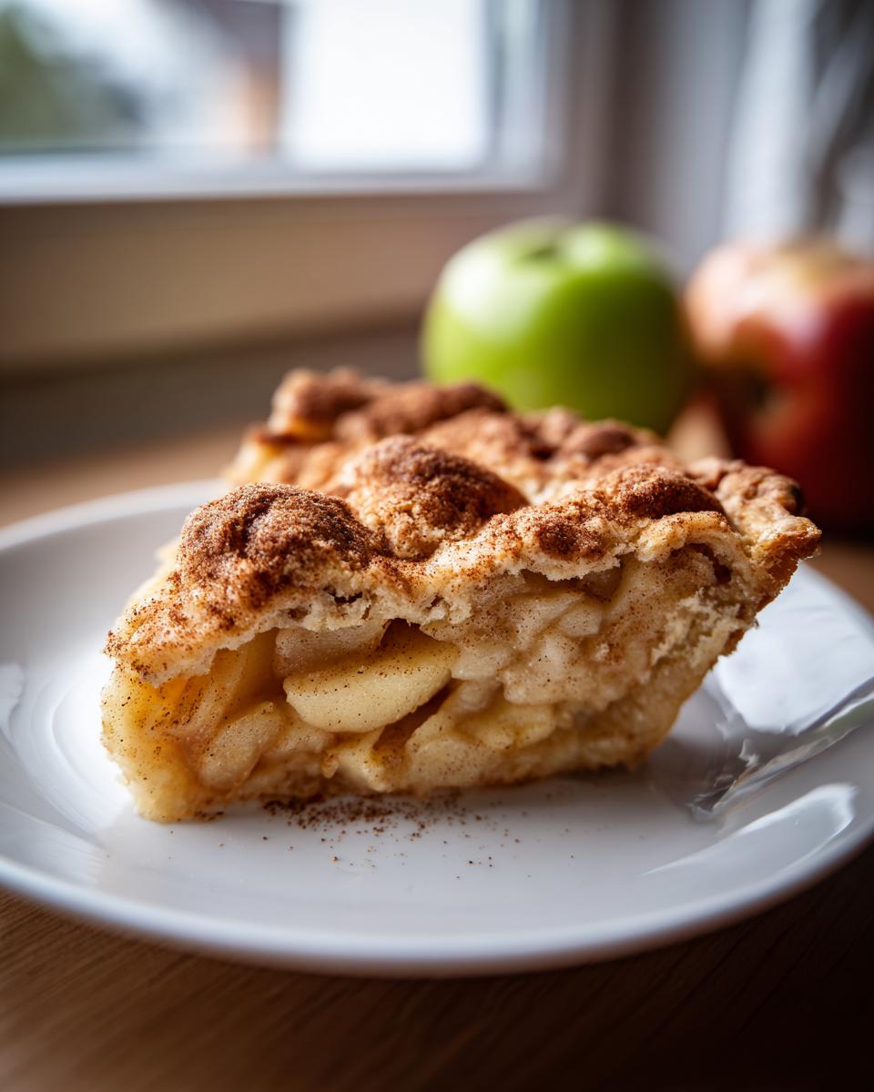 A close-up of a slice of apple pie dump cake on a white plate, showing tender apple slices and a crumbly cinnamon topping.