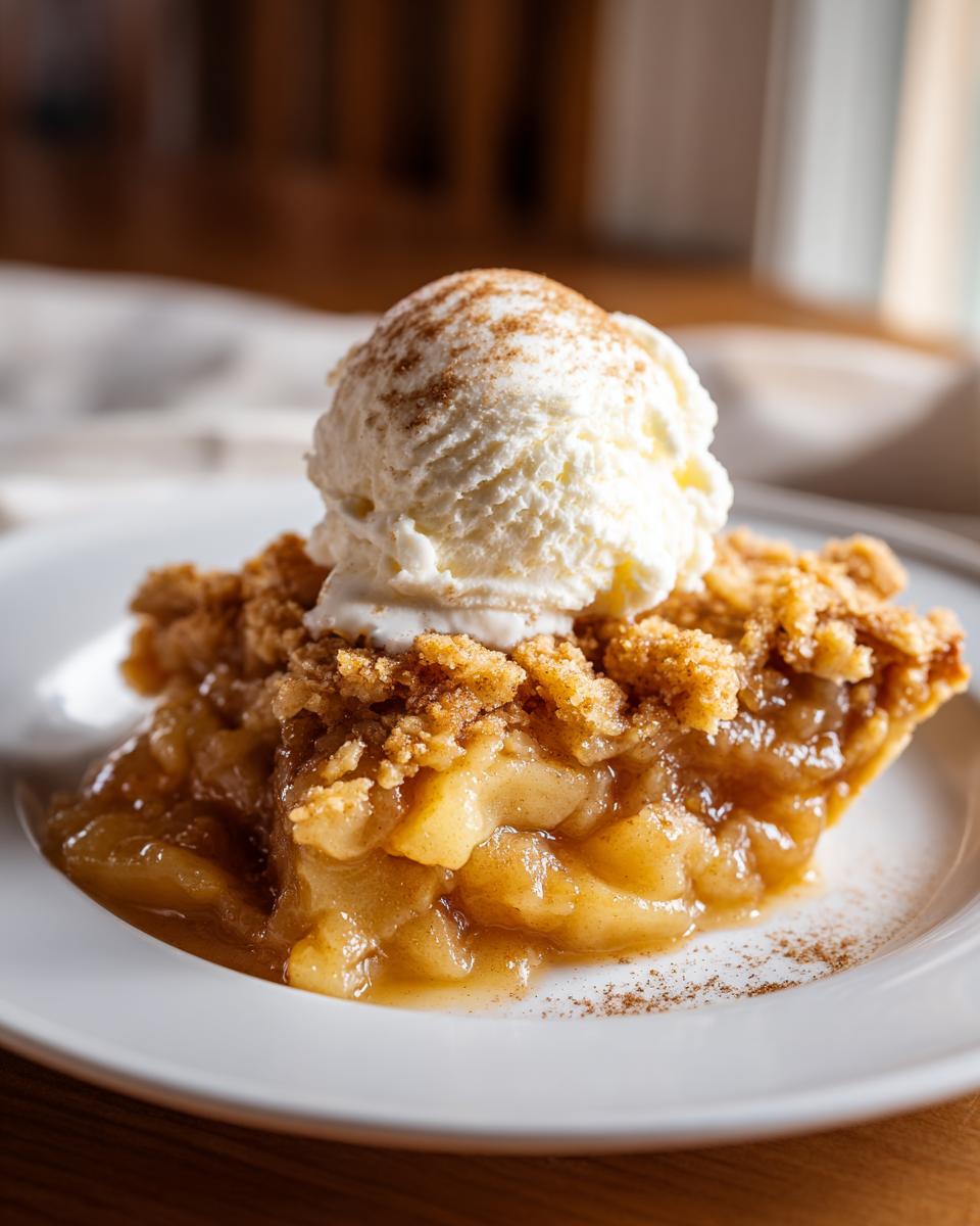 A generous slice of warm apple pie dump cake topped with a scoop of vanilla ice cream and a sprinkle of cinnamon.