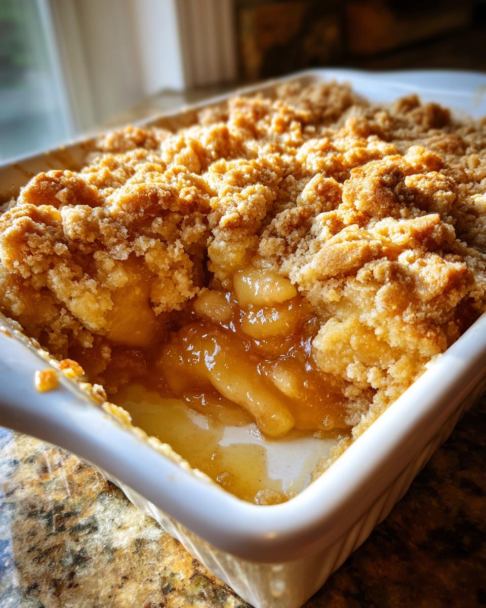 A close-up of a freshly baked Apple Snickerdoodle Dump Cake in a white baking dish, showing tender apple filling and a golden crumble topping.