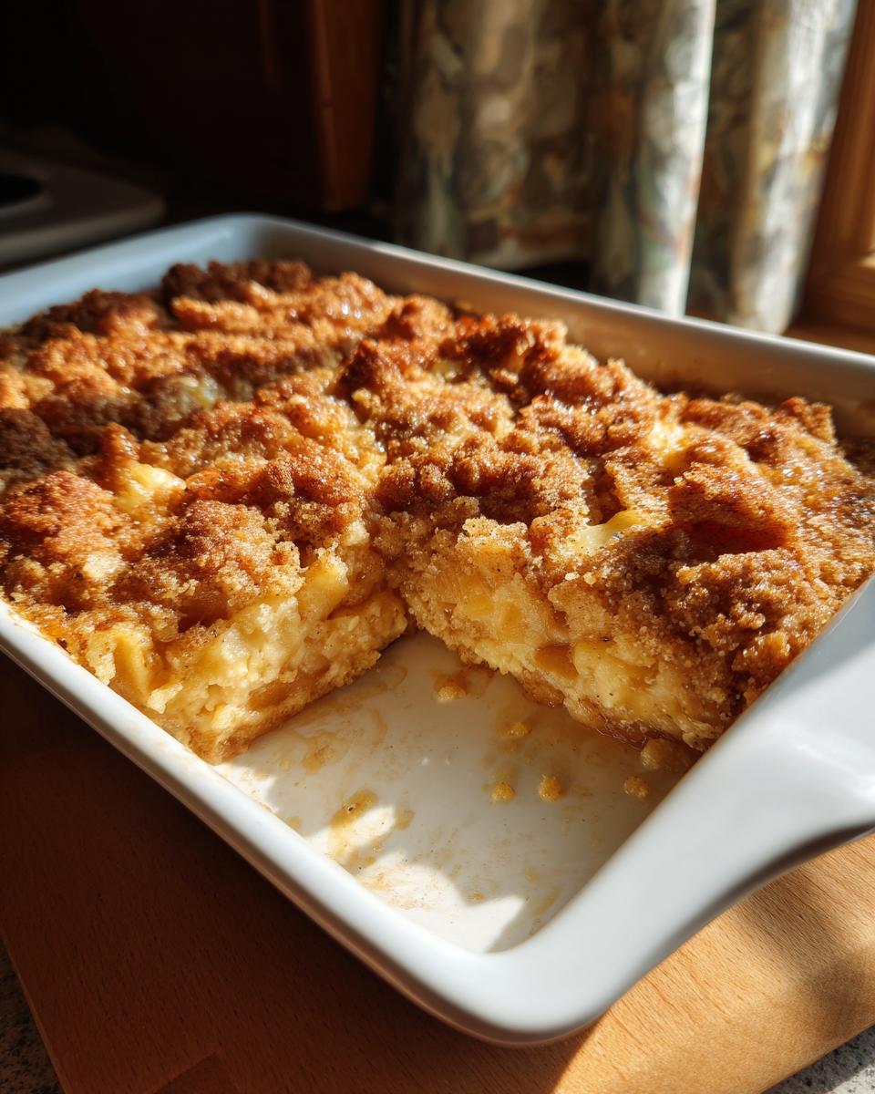 A golden brown Apple Snickerdoodle Dump Cake baked in a white rectangular dish, with a slice removed.