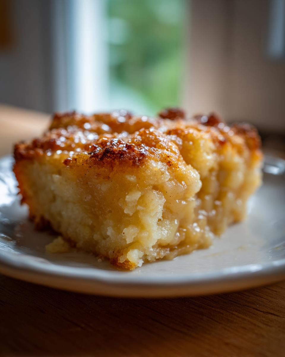 A close-up of a slice of apple snickerdoodle dump cake on a white plate, showing the gooey apple filling and cinnamon-sugar topping.