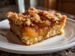 A close-up of a moist slice of Apple Snickerdoodle Dump Cake on a white plate, showing layers of tender apples and cinnamon crumble topping.