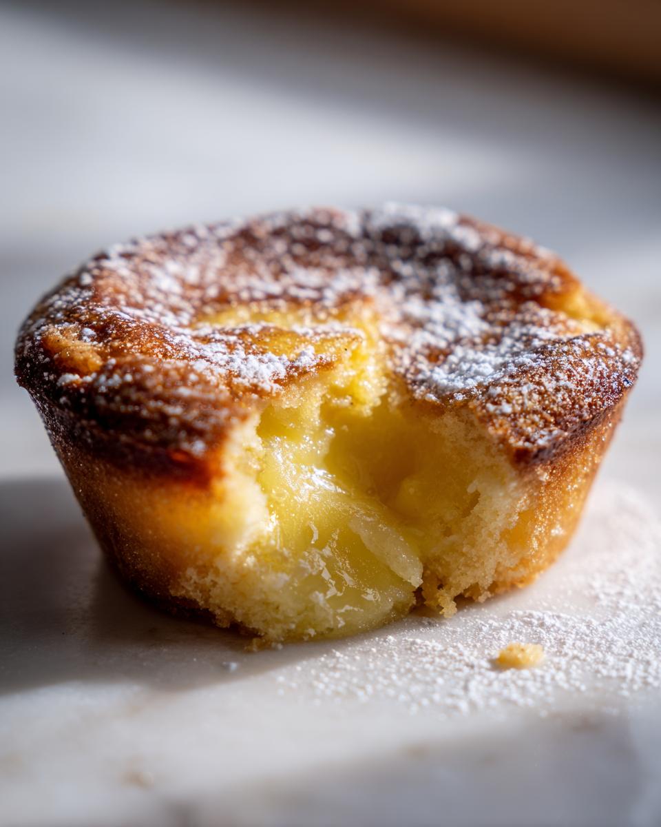 Close-up of a baby lemon impossible pie with a bite taken out, revealing a creamy lemon filling and dusted with powdered sugar.
