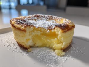 A single baby lemon impossible pie, dusted with powdered sugar, with a bite taken out to reveal the creamy lemon filling.