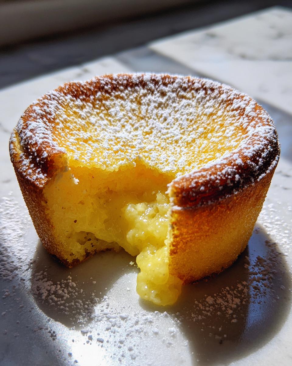 A single baby lemon impossible pie, dusted with powdered sugar, with a bite taken out to reveal a gooey lemon filling.