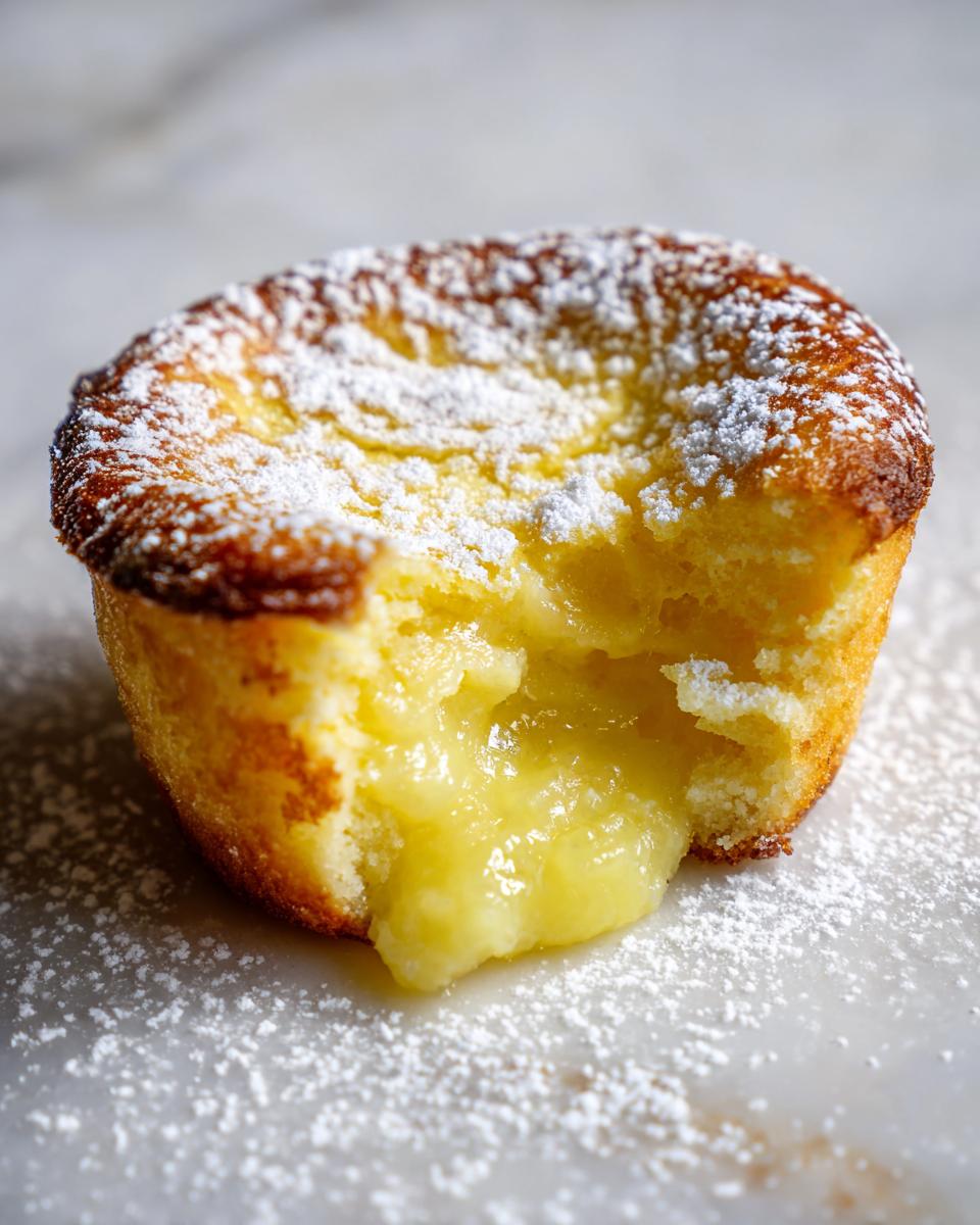 Close-up of a baby lemon impossible pie with a bite taken out, revealing a creamy, gooey lemon filling and dusted with powdered sugar.
