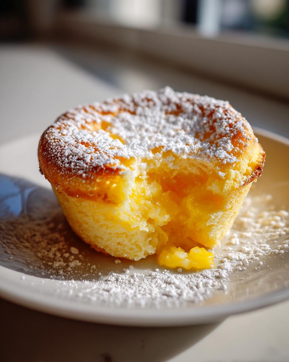 A close-up of a baby lemon impossible pie, dusted with powdered sugar, with a bite taken out revealing the gooey lemon filling.