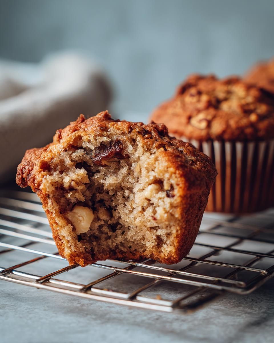 Close-up of a moist banana nut muffin with a bite taken out, revealing nuts and texture.