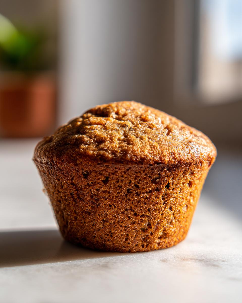 A single, golden-brown banana protein muffin with a slightly domed top, displayed on a marble surface.