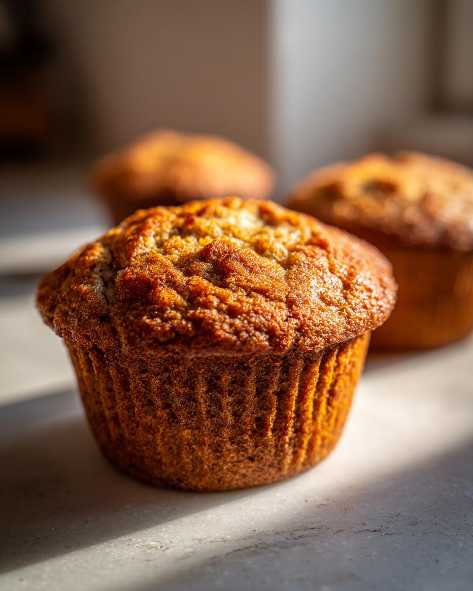 Close-up of a golden-brown banana protein muffin with a textured top, in soft natural light.