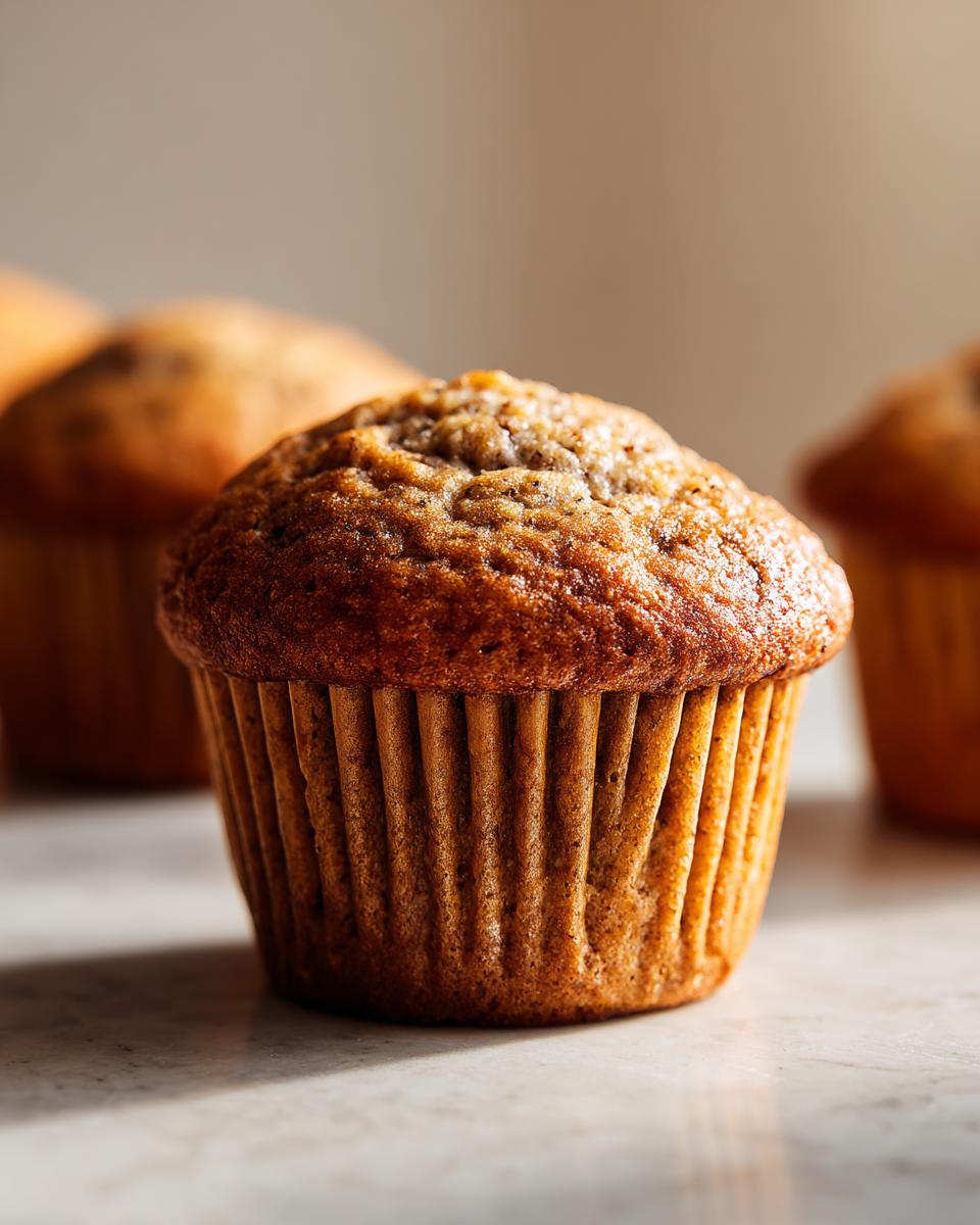 Close-up of a perfectly baked banana protein muffin with a golden-brown top and fluted paper liner.
