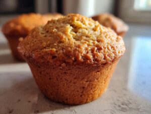 Close-up of a golden-brown banana protein muffin with a slightly cracked top, showcasing its texture.