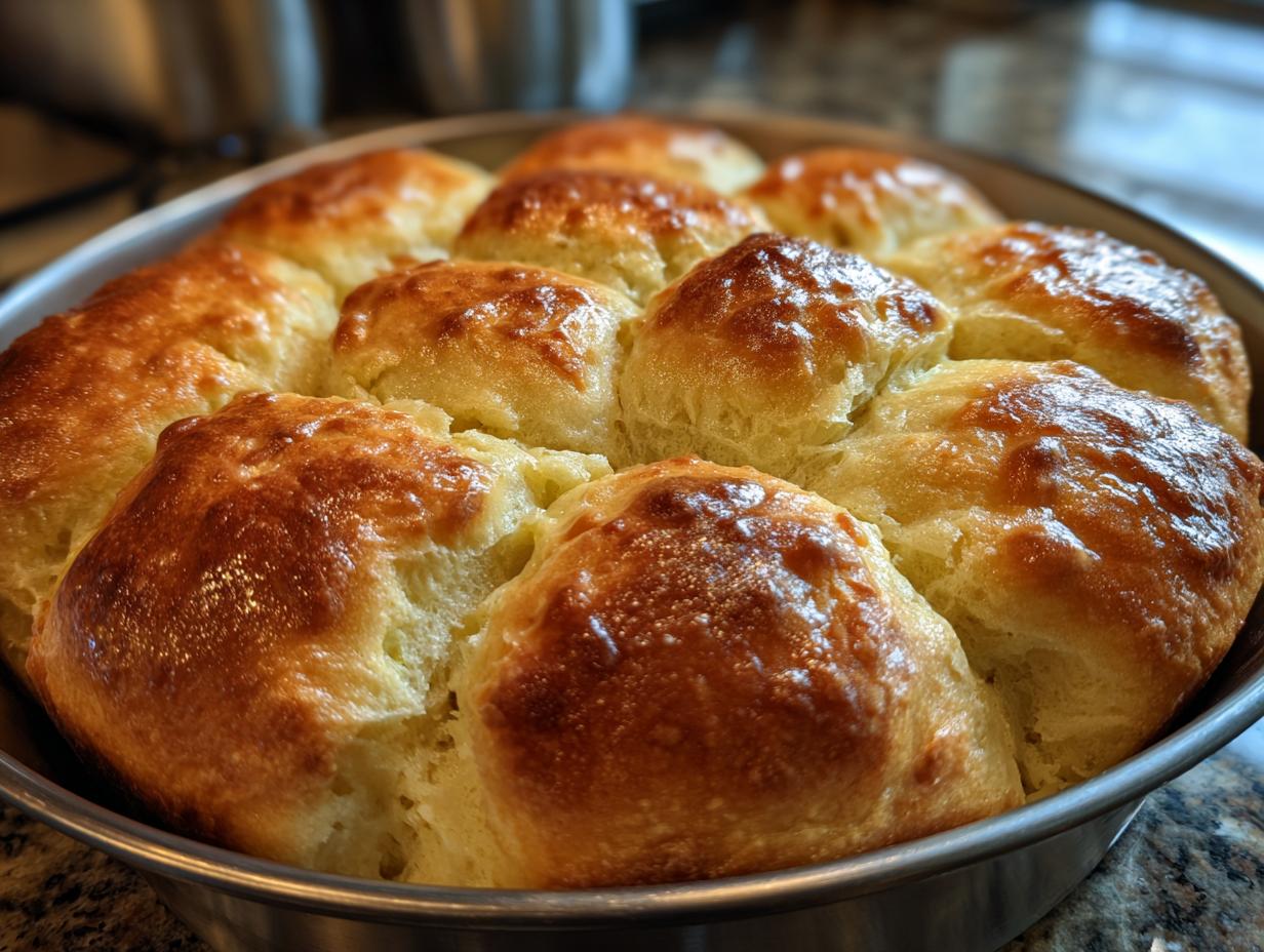 Close-up of golden-brown baked beef and bowtie pasta rolls in a round baking pan.