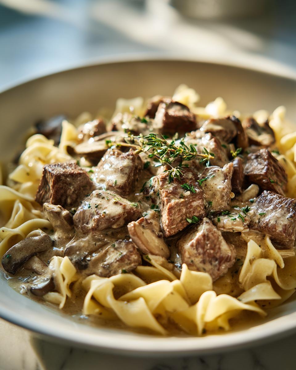 Close-up of a bowl of beef stroganoff served over wide egg noodles, garnished with fresh herbs.