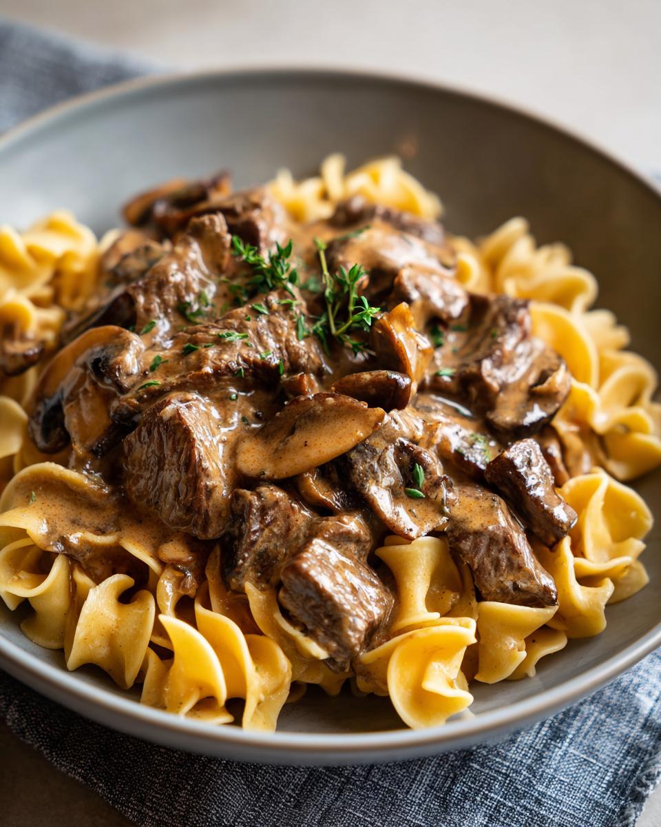 A close-up of a bowl of delicious Beef Stroganoff served over wide egg noodles, topped with fresh herbs.